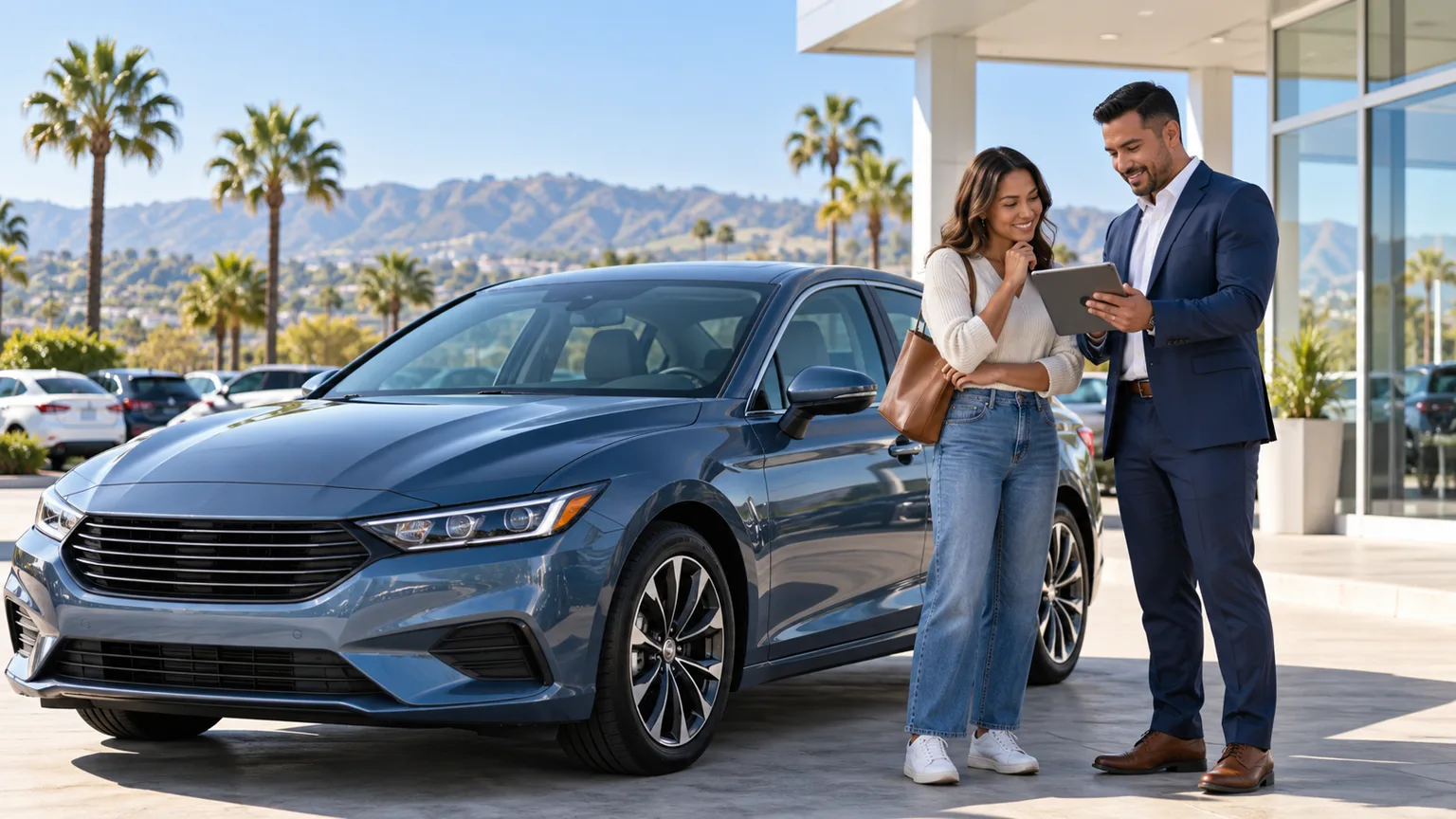 California car buyer reviewing the complete purchase price with a sales professional beside a blue sedan