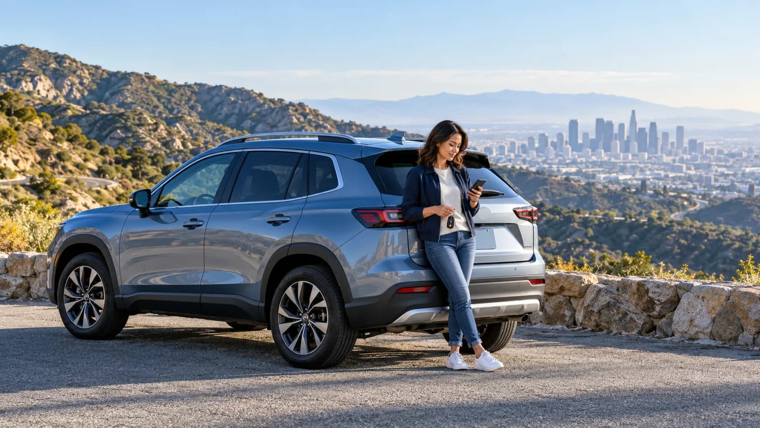 California driver checking estimated vehicle registration costs beside a parked car
