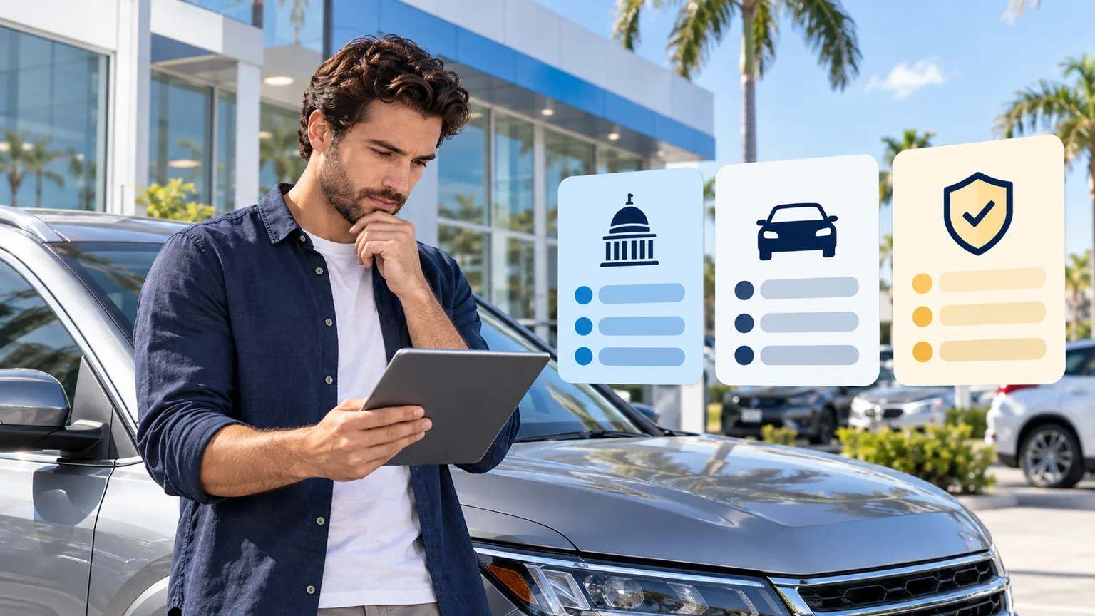 Car buyer reviewing grouped charges on a dealership quote