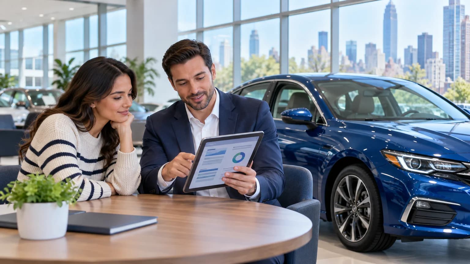 New York car buyer reviewing an itemized complete purchase price beside a blue sedan
