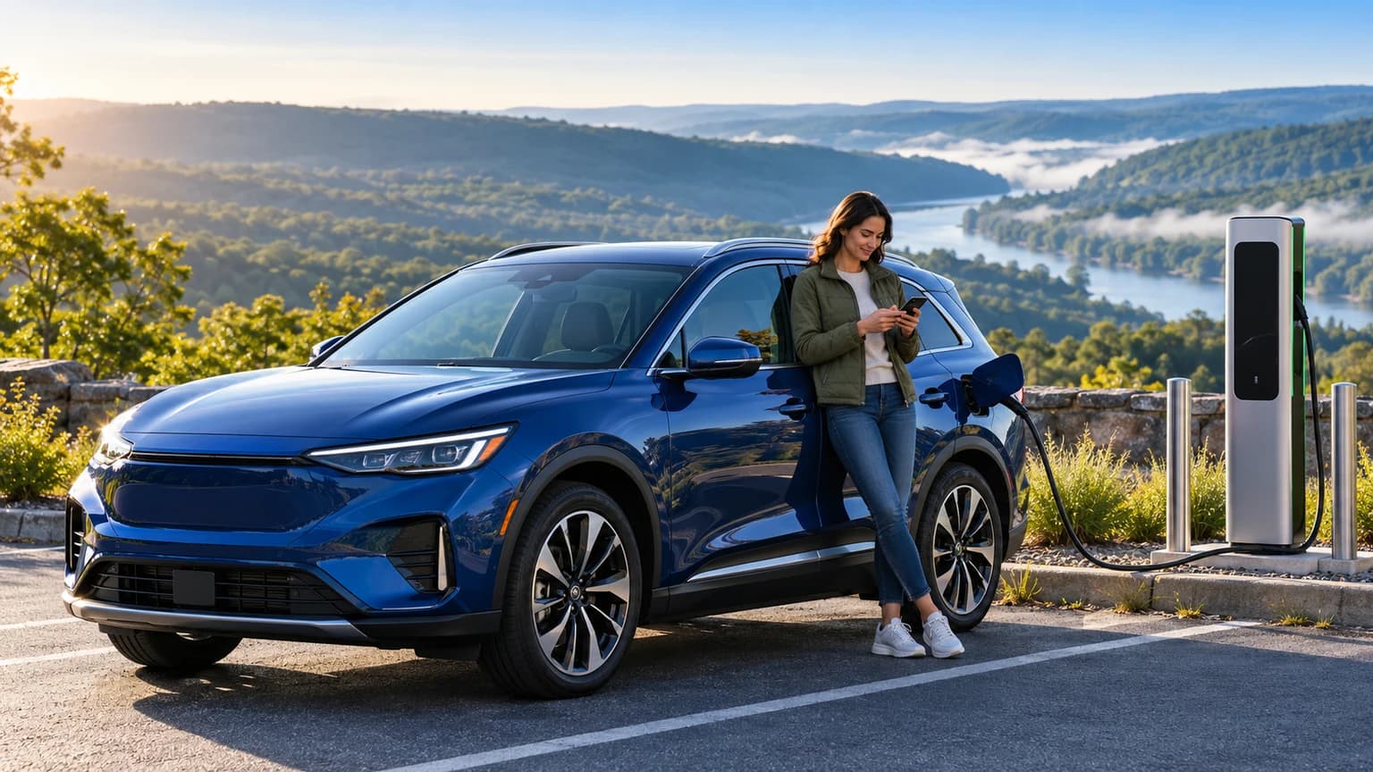 Blue electric vehicle overlooking Pennsylvania hills while charging
