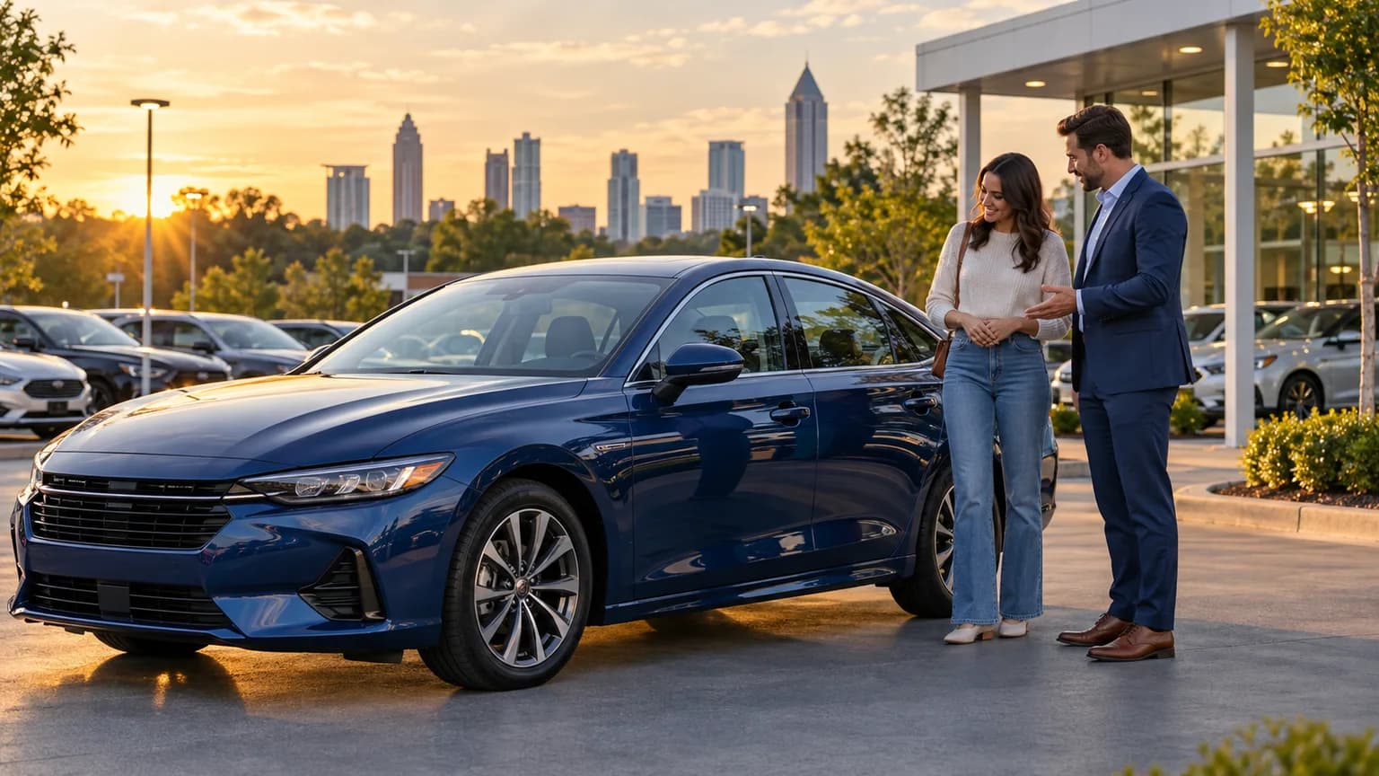 Georgia buyer discussing a blue car purchase at sunset