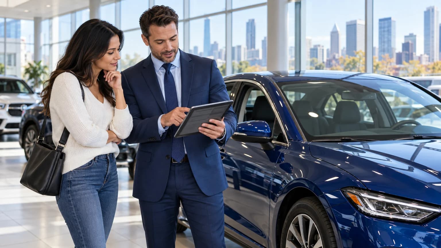 Illinois buyer reviewing vehicle sales tax beside a blue sedan