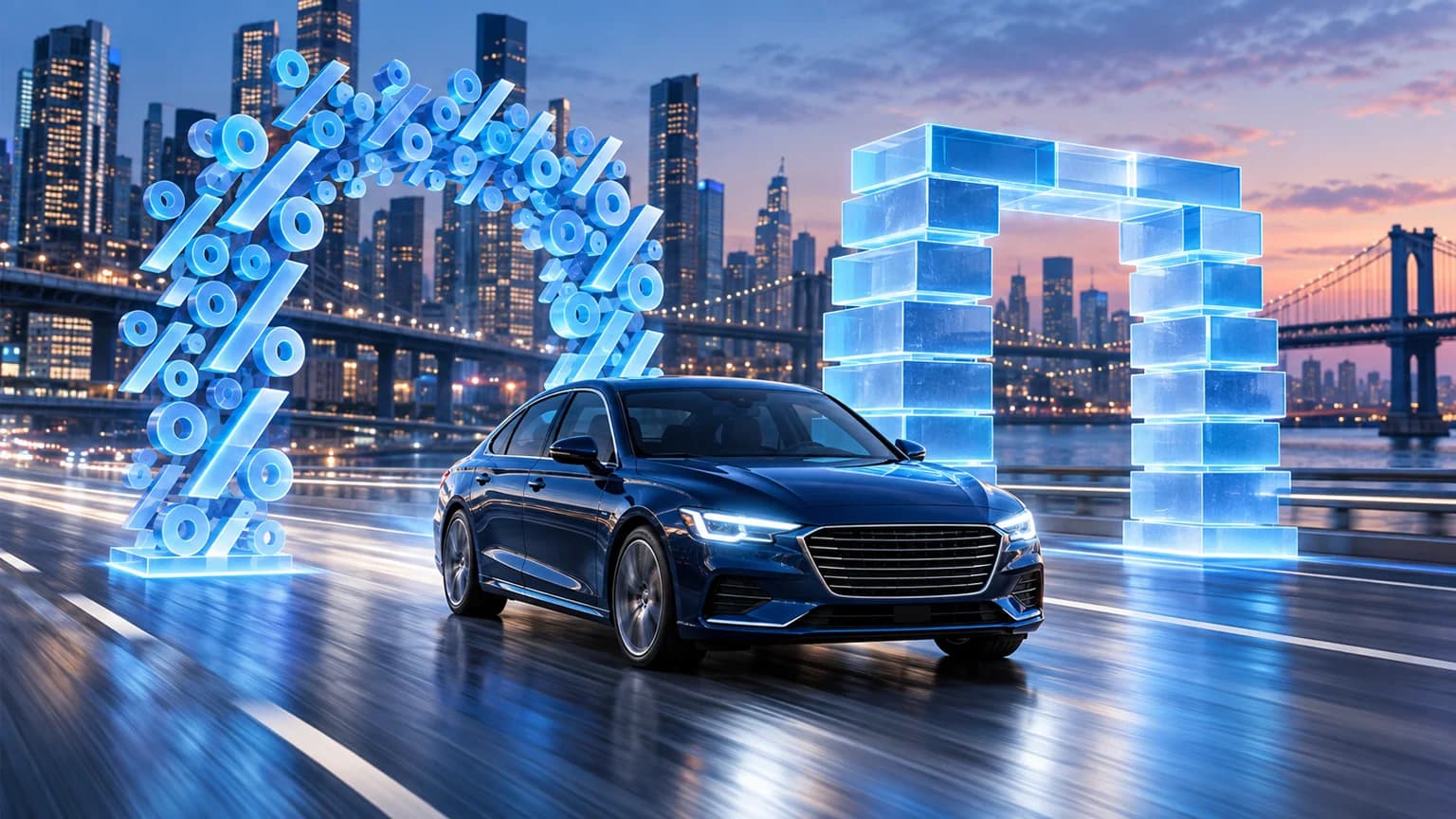 Blue sedan passing through separate visual layers for MCTD sales tax and registration fees
