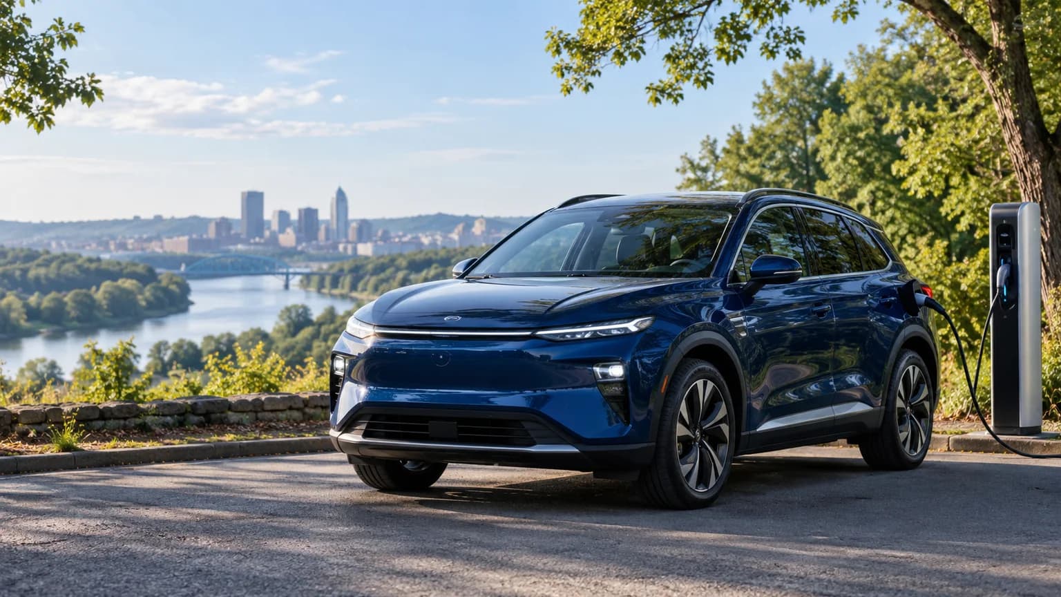 Blue electric vehicle on an Ohio road illustrating registration costs