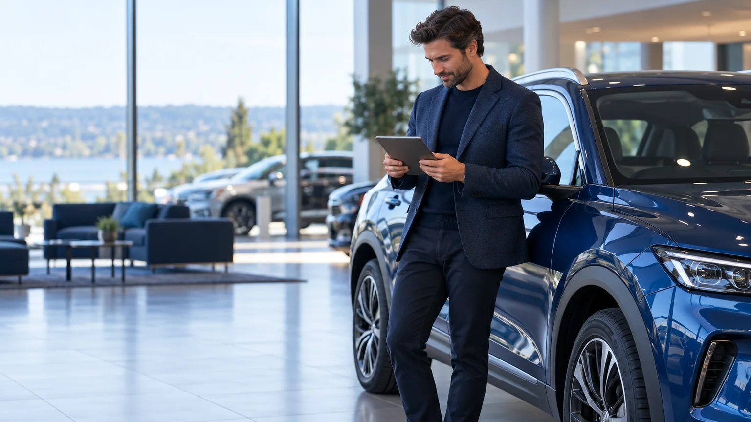 Buyer reviewing a vehicle and payment plan beside a blue car
