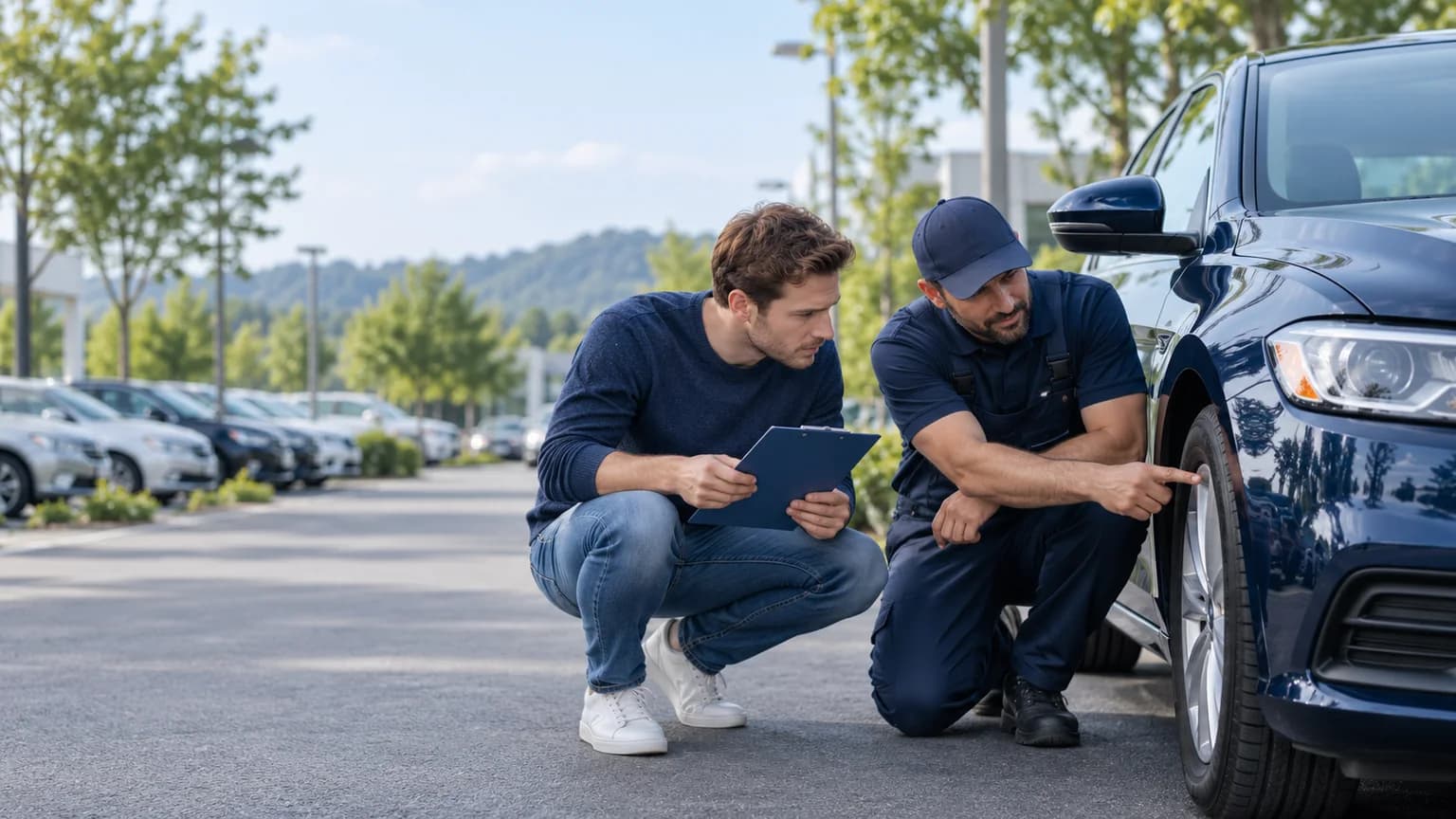 Buyer and mechanic examining a used vehicle during a walkaround