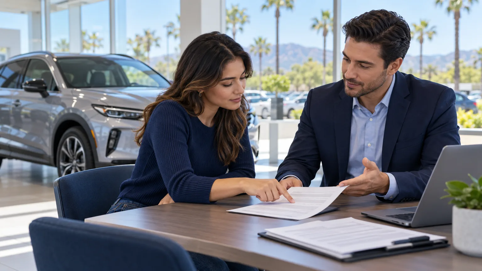 California car buyer reviewing an itemized dealer quote with a sales professional