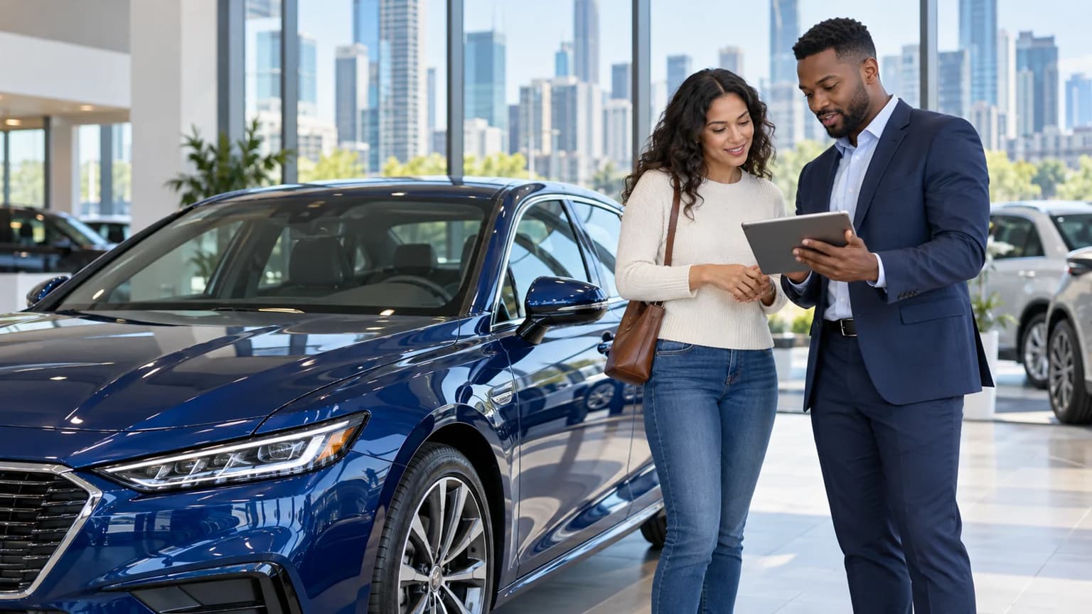 Illinois buyer reviewing vehicle taxes beside a blue sedan