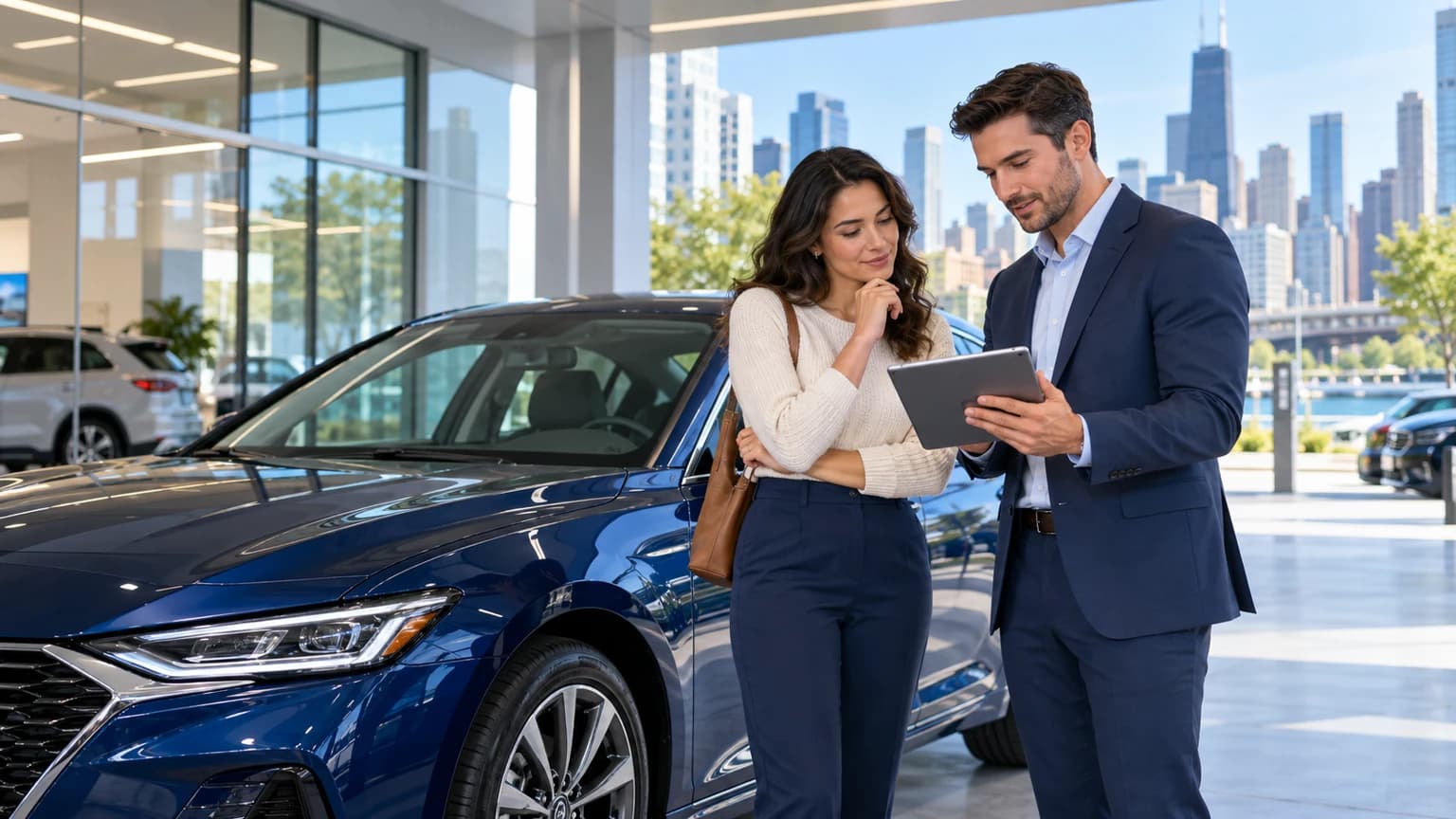 Illinois car buyer reviewing an out-the-door price beside a blue sedan
