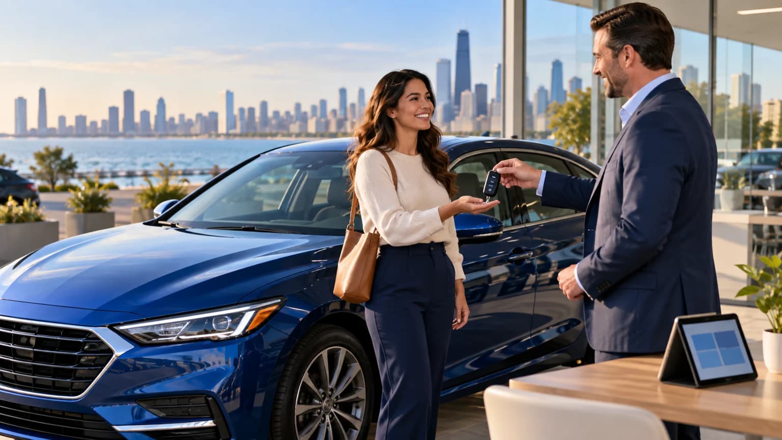 Illinois buyer receiving keys for a blue sedan after reviewing vehicle costs