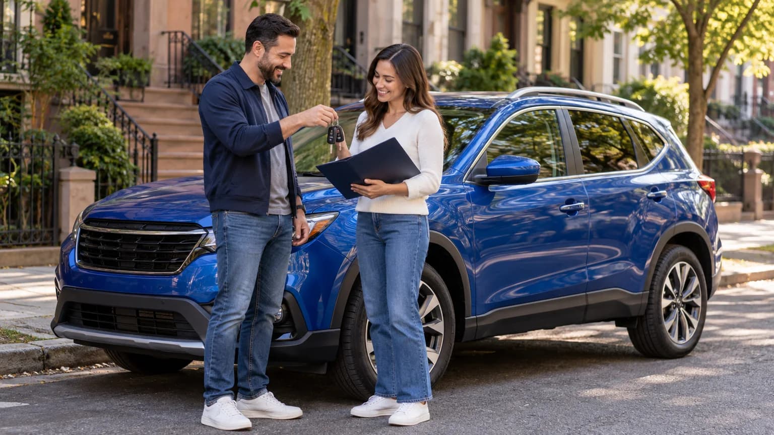Private-party New York car buyer receiving keys while reviewing an ownership transfer beside a blue vehicle