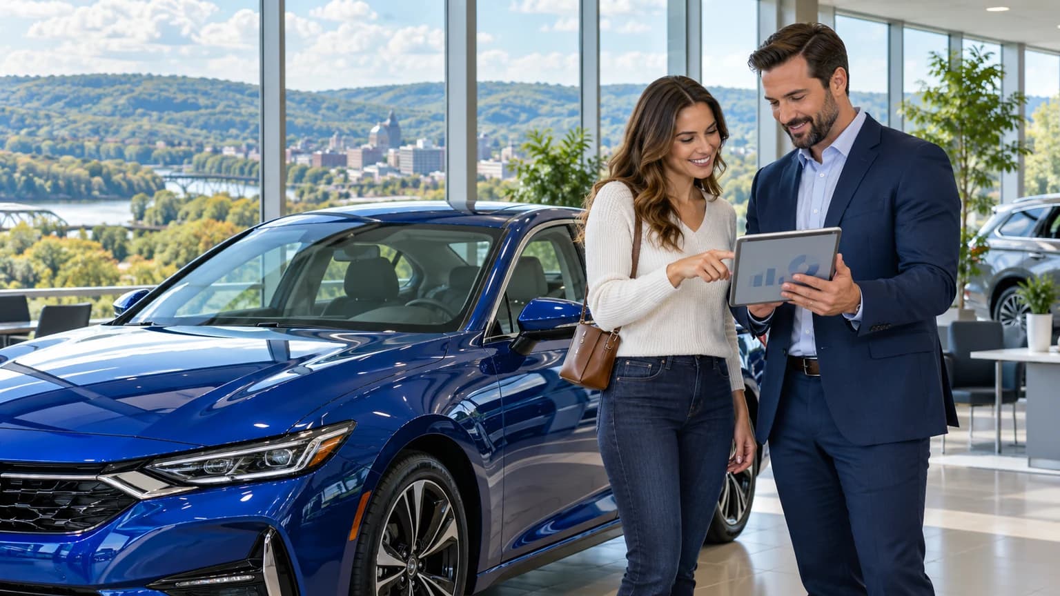 Pennsylvania car buyer reviewing sales tax for a blue sedan