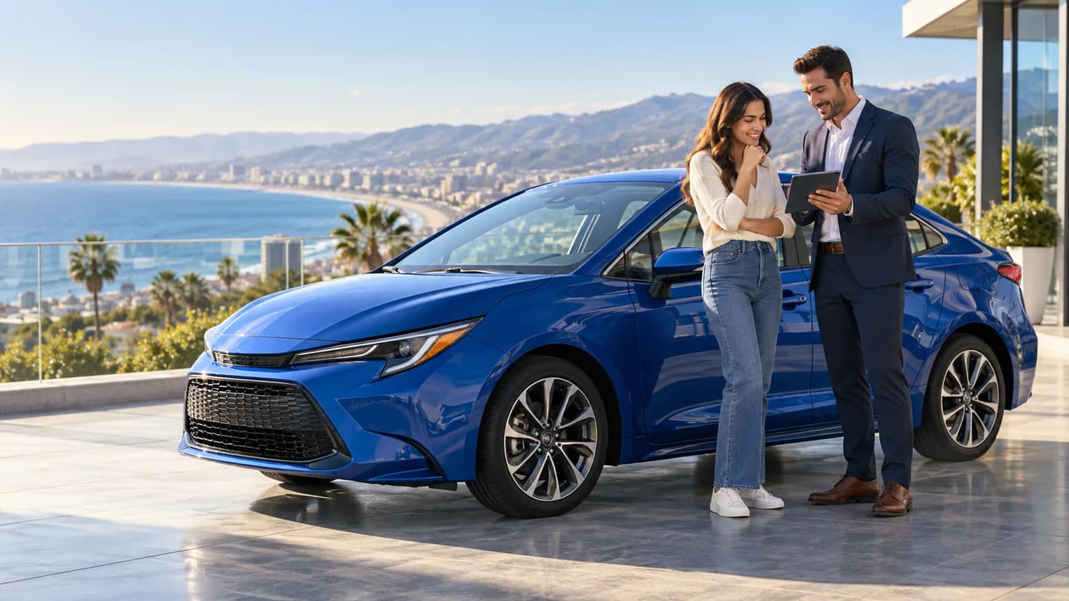 California car buyer reviewing vehicle purchase costs beside a blue sedan