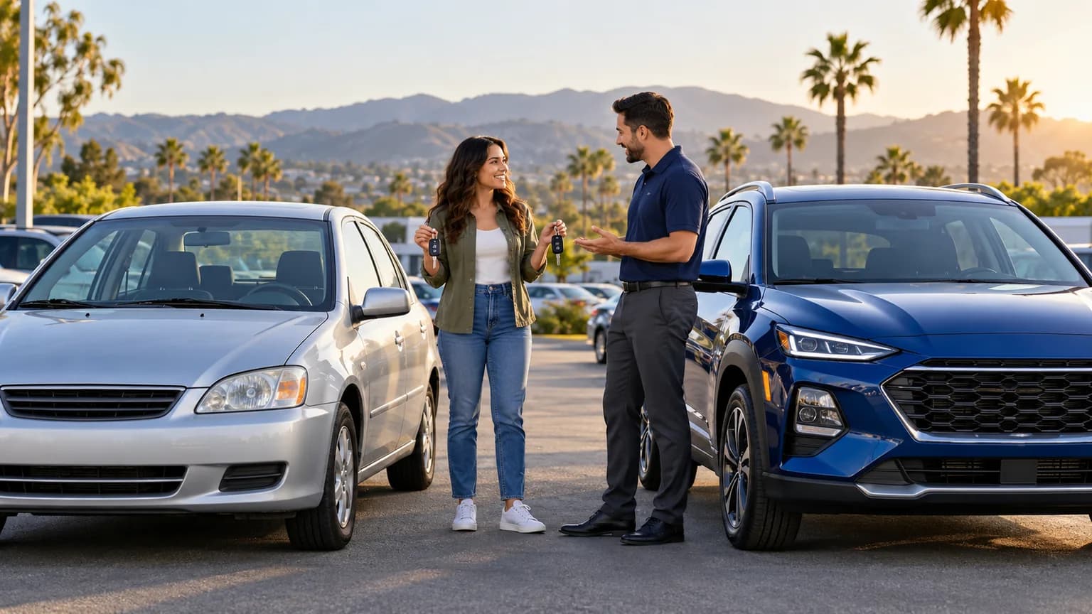 Buyer comparing an older trade-in vehicle with a newer blue vehicle