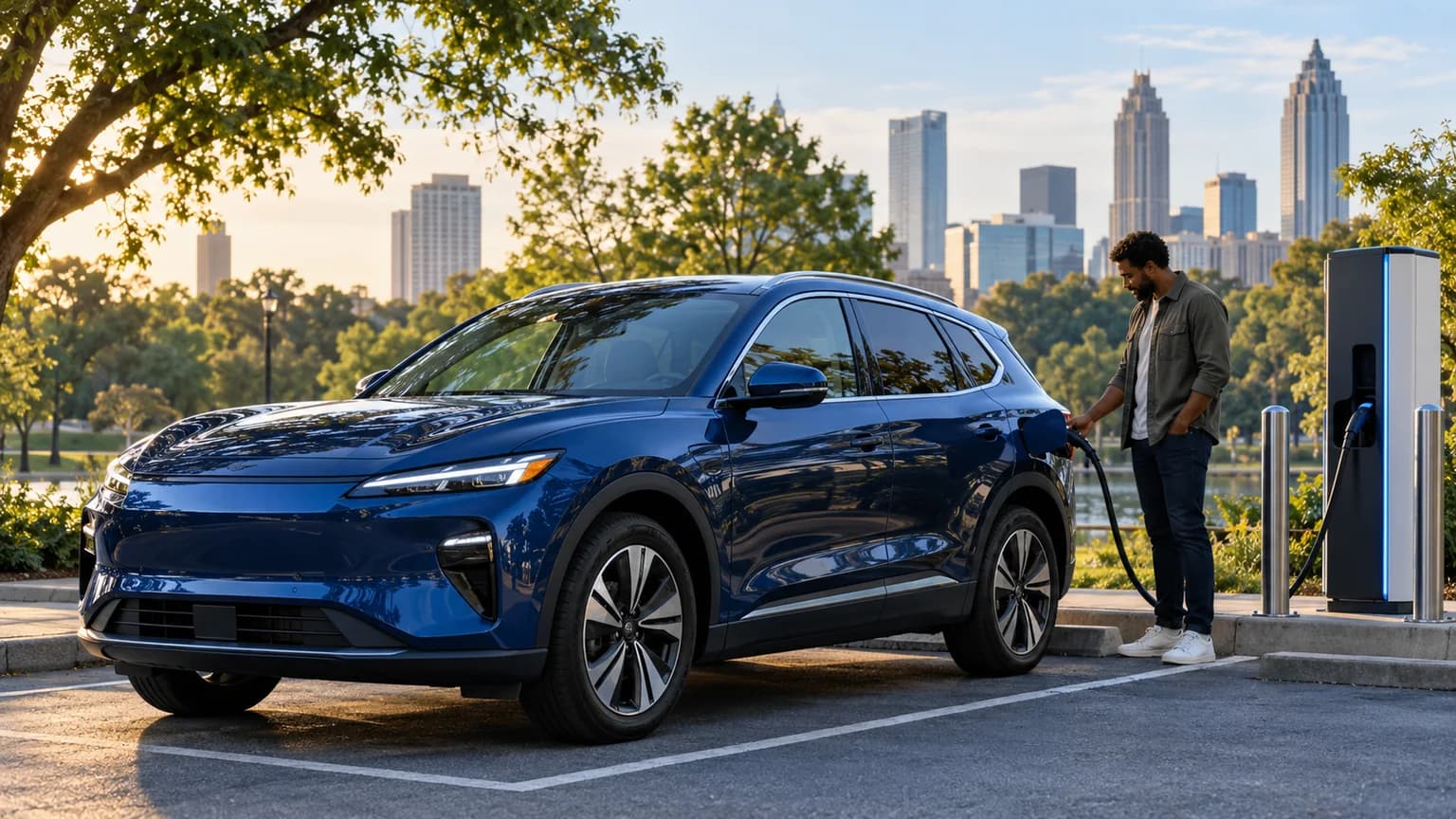 Blue electric crossover charging at a Georgia public charging station