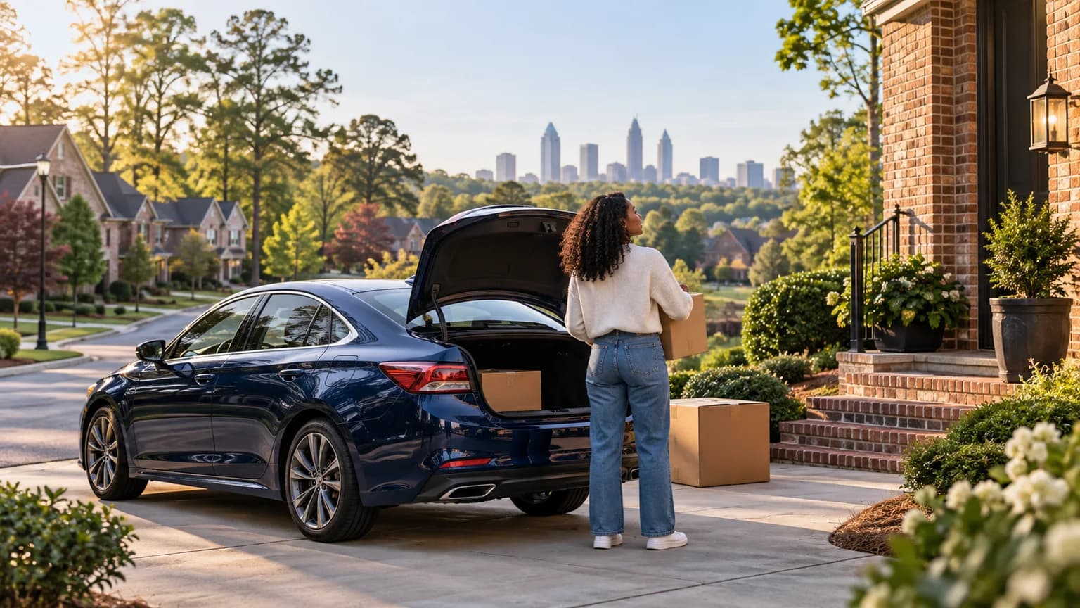 New Georgia resident arriving at a home with a blue car and moving boxes