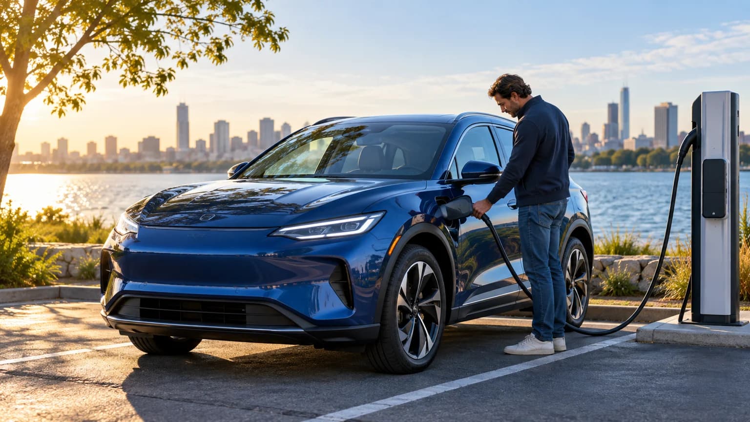 Blue electric vehicle charging beside an Illinois waterfront