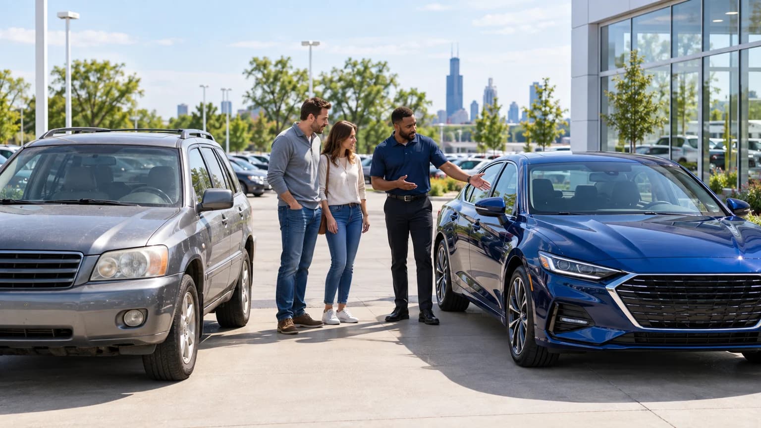 Illinois buyer comparing an older trade-in with a newer blue vehicle