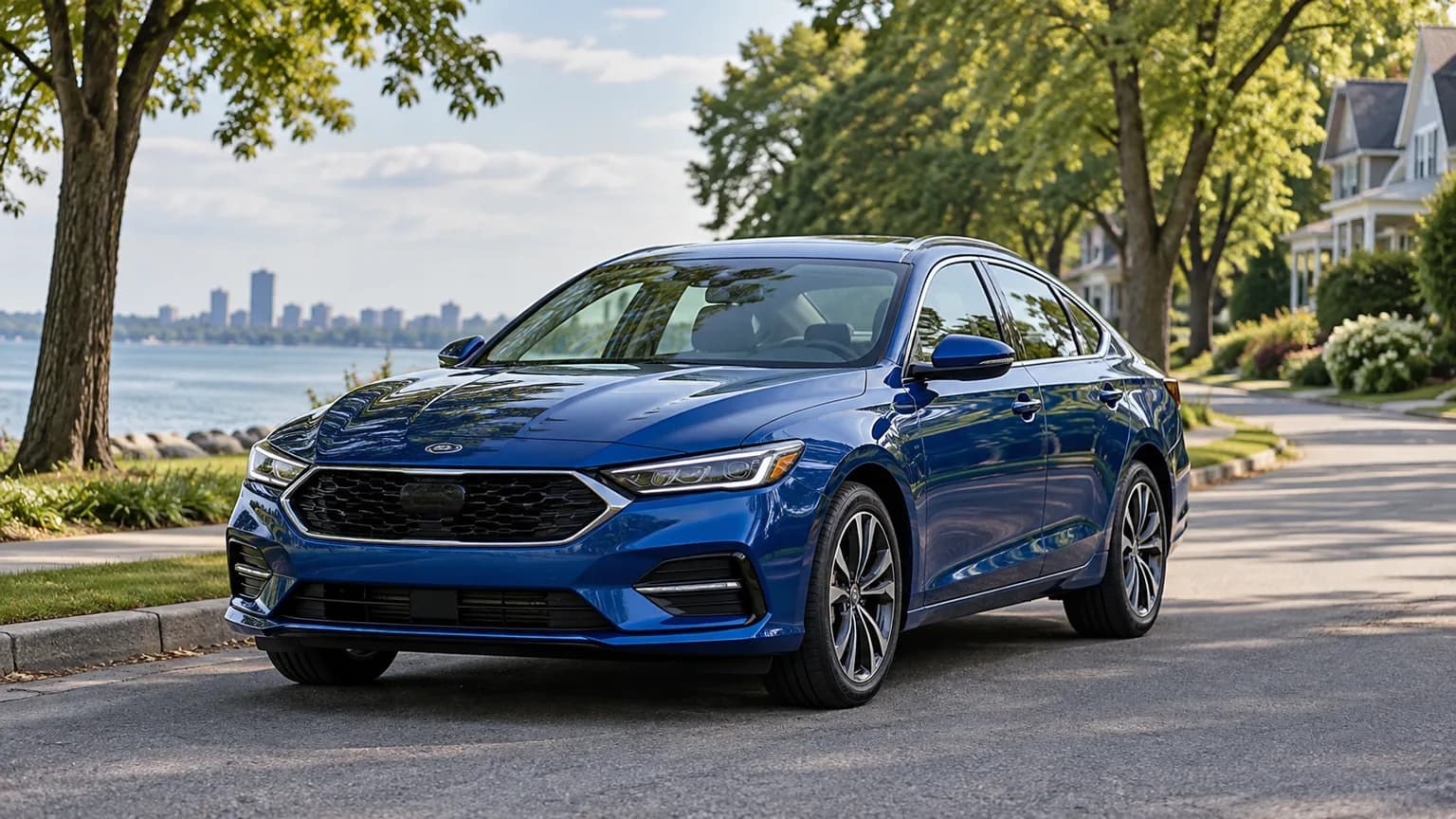 Blue car on a tree-lined Michigan street representing vehicle registration costs