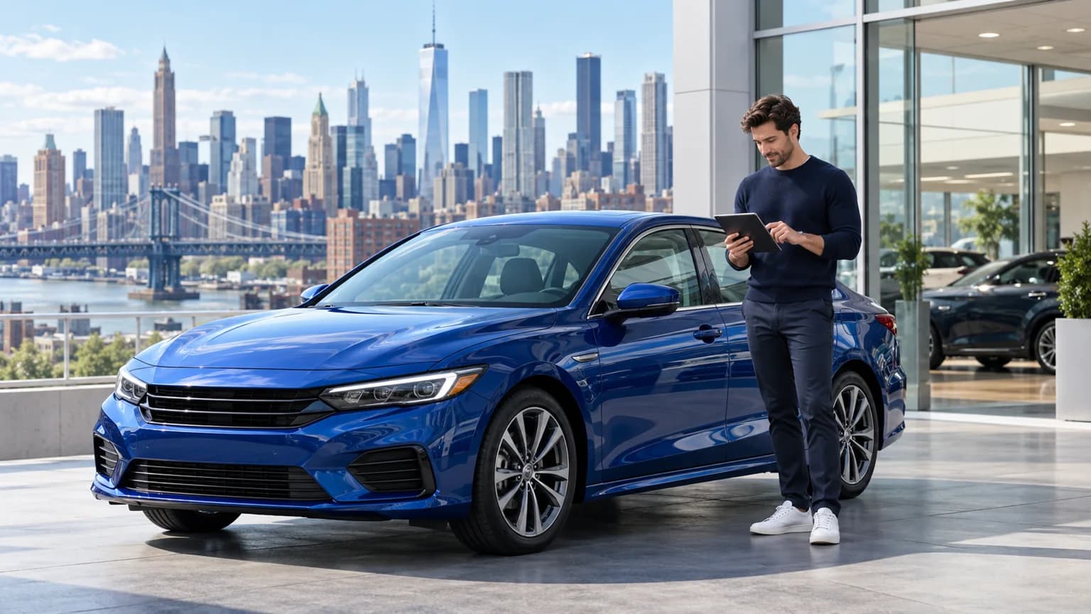 New York car buyer reviewing vehicle sales tax beside a blue sedan