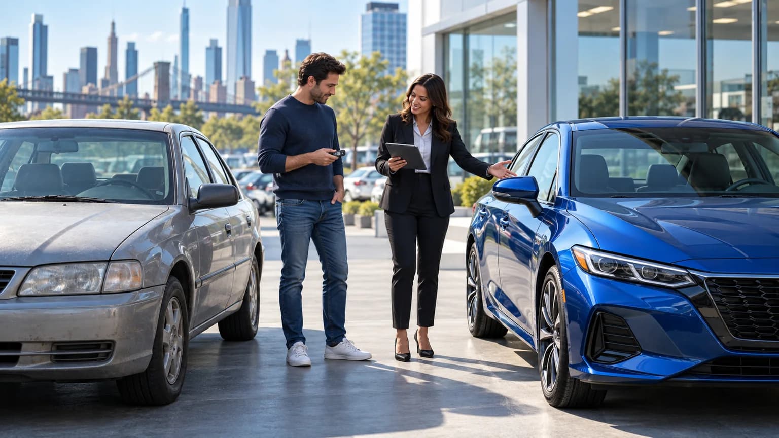 New York buyer comparing an older trade-in with a newer blue vehicle
