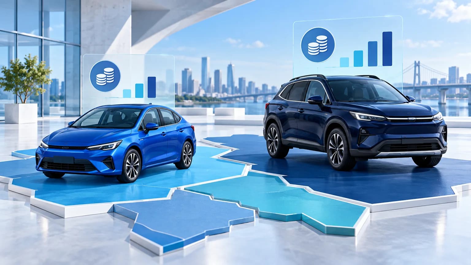 Two blue vehicles illustrating New York county and weight-based vehicle use taxes