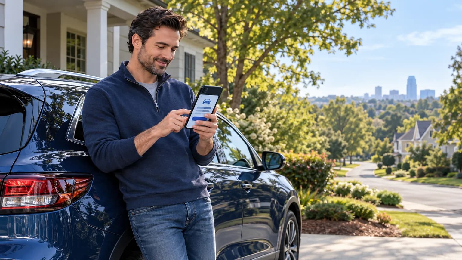 North Carolina vehicle owner checking registration information beside a blue car
