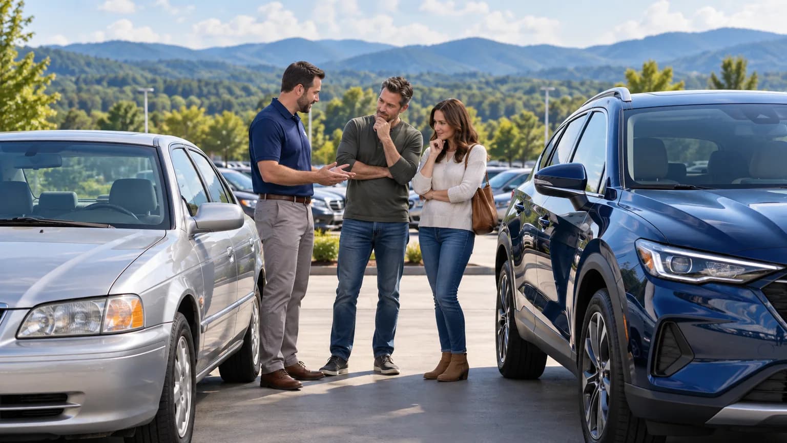 Buyer comparing an older trade-in car with a newer navy vehicle in North Carolina