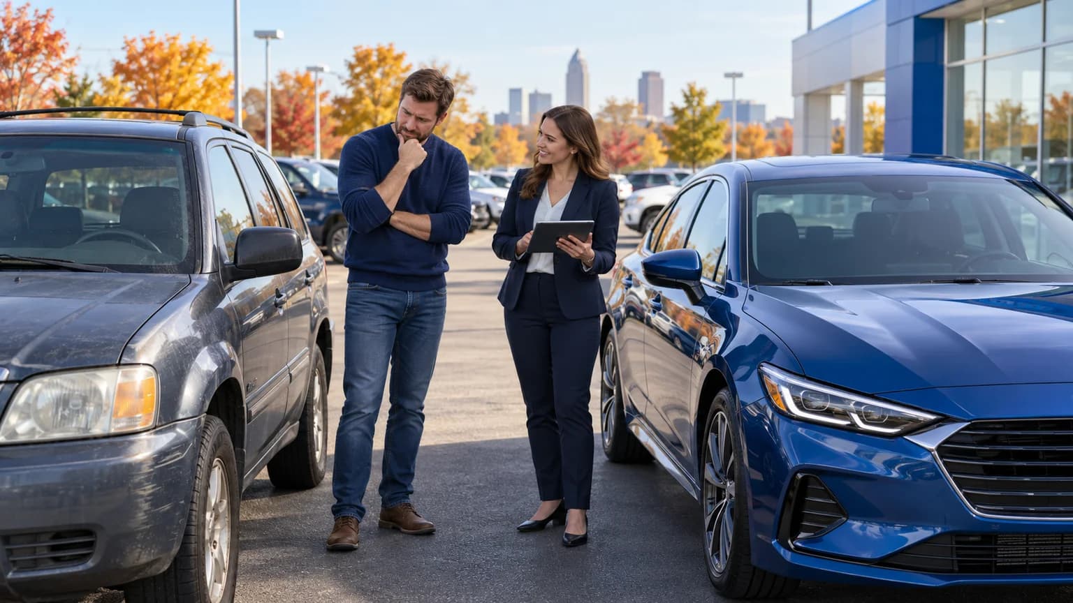 Ohio buyer comparing an older trade-in with a new blue vehicle at a dealership