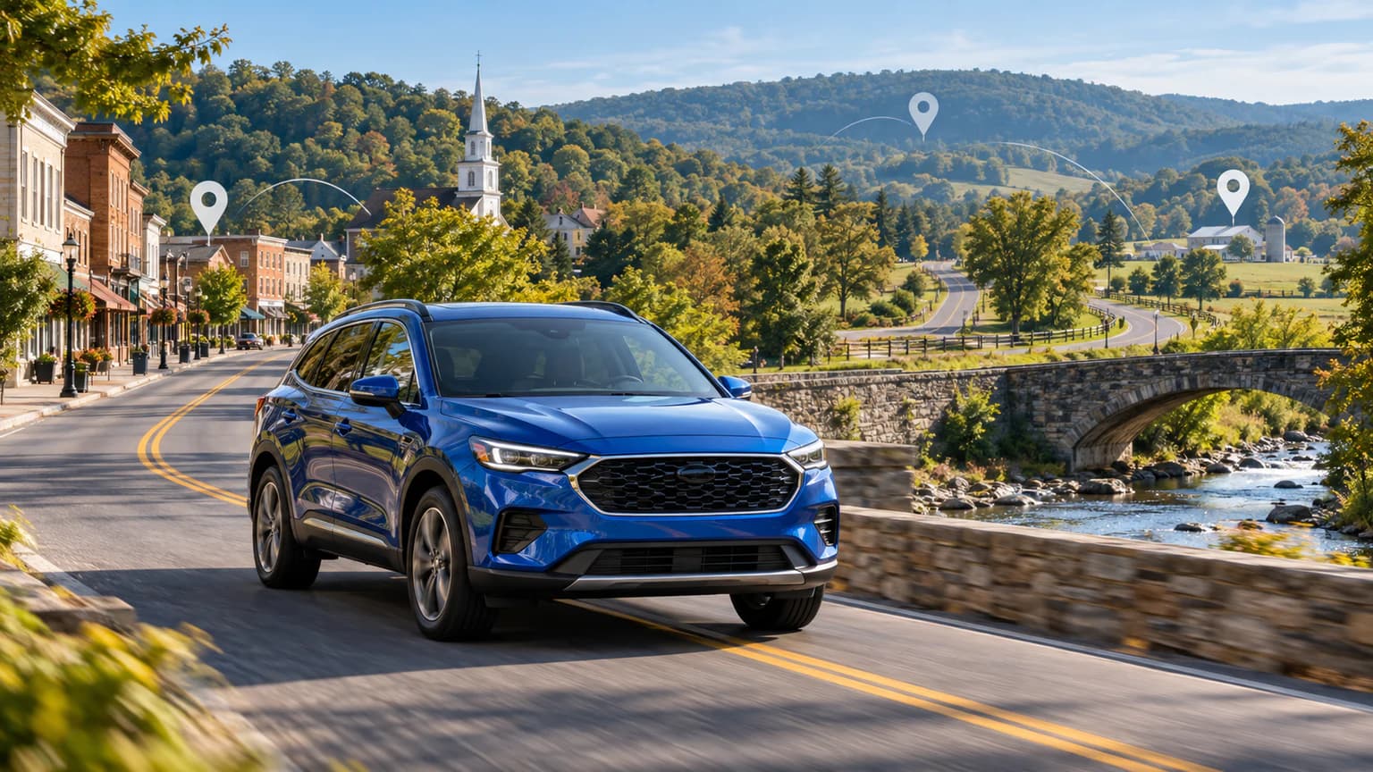 Blue vehicle traveling between Pennsylvania town and county roads