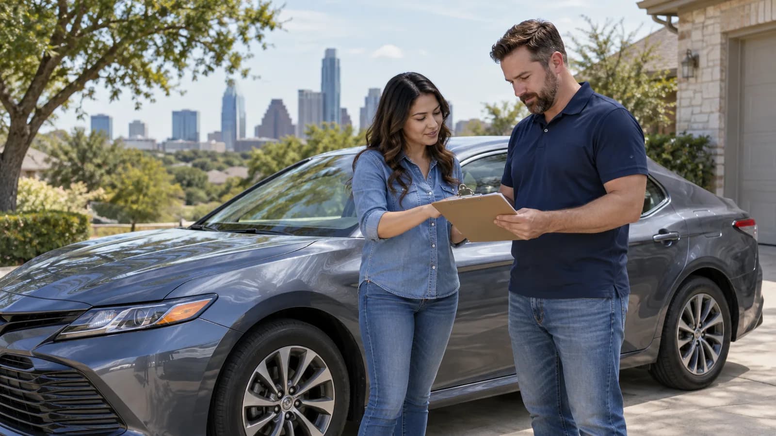 Buyer and seller reviewing vehicle title paperwork beside a car